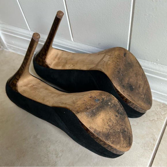 ZARA WOMAN Black Suede Platform Pumps with Brown Print Heels - Picture 7 of 7